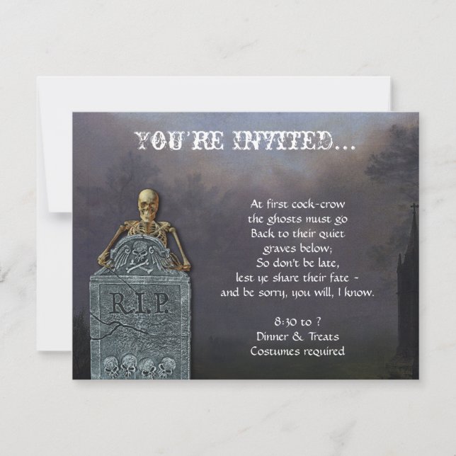 Skeleton and Tombstone in Cemetary Halloween Party Invitation (Front)