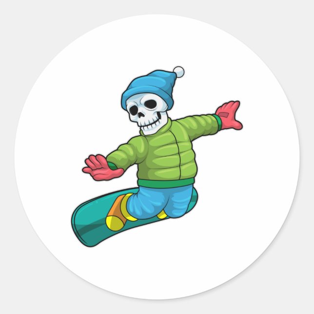 Skeleton as Snowboarder with Snowboard Classic Round Sticker (Front)