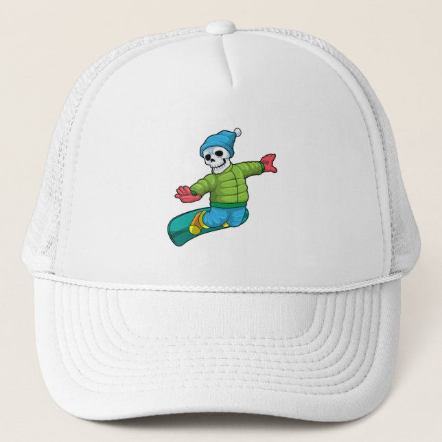 Skeleton as Snowboarder with Snowboard Trucker Hat (Front)