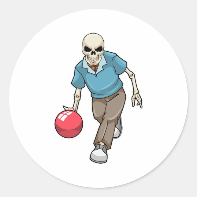 Skeleton at Bowling with Bowling ball Classic Round Sticker (Front)