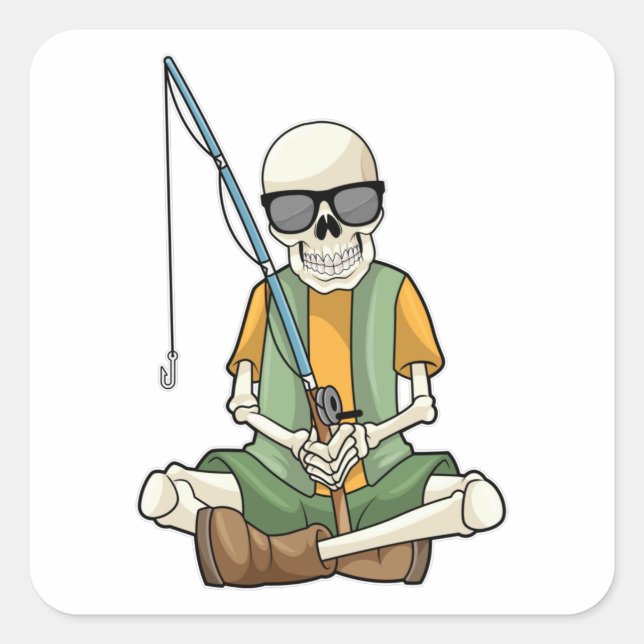 Skeleton at Fishing with Fishing rod Square Sticker (Front)