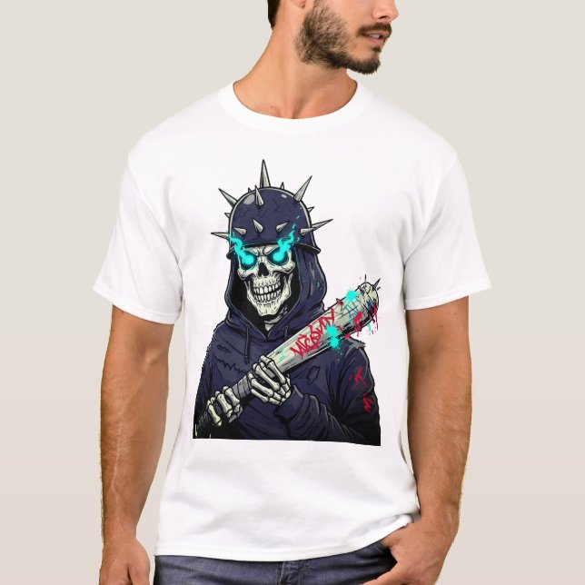Skeleton Baseball Bat Art - Spooky Sports Print T-Shirt (Front)