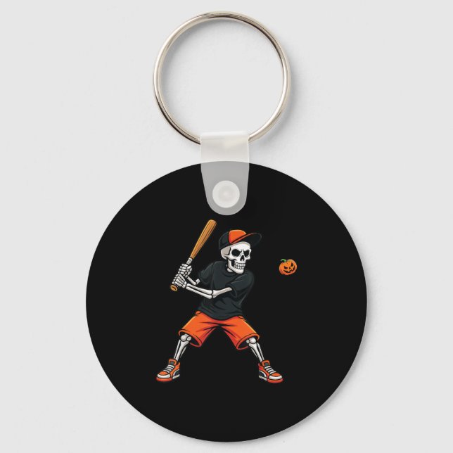 Skeleton Batting Pumpkin Baseball Halloween Costum Keychain (Front)