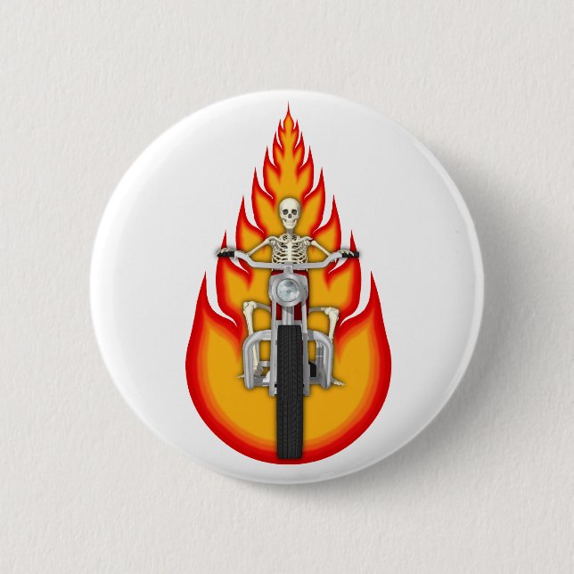 Skeleton Biker & Flames: 2 Inch Round Button (Front)