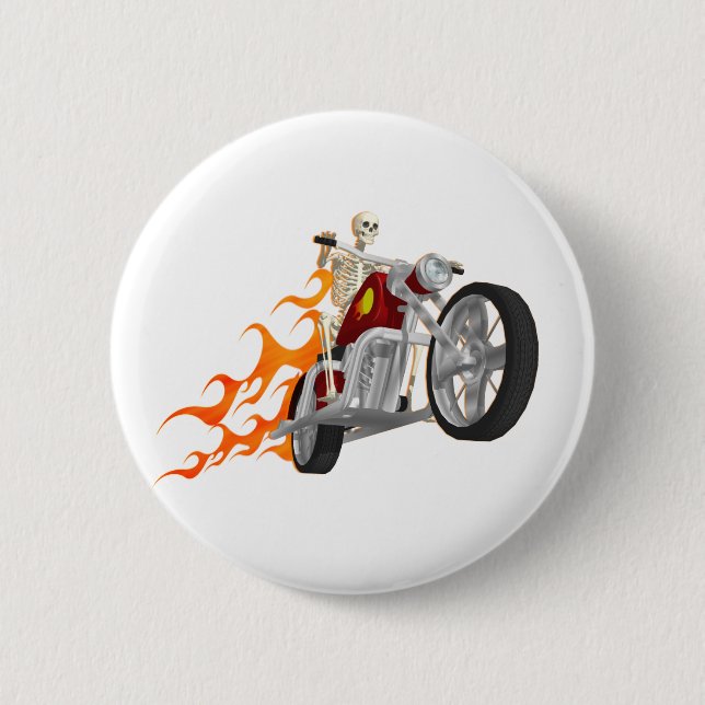 Skeleton Biker & Flames: 2 Inch Round Button (Front)
