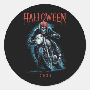 Skeleton Biker On Motorcycle Halloween 2024 Spooky Classic Round Sticker