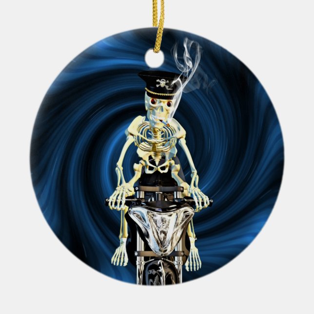 Skeleton biker smoking a cigarette ceramic ornament (Front)