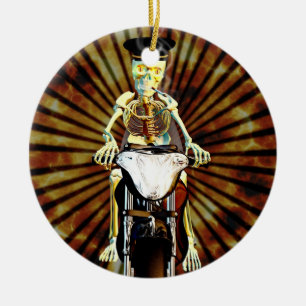 Skeleton biker smoking a cigarette ceramic ornament