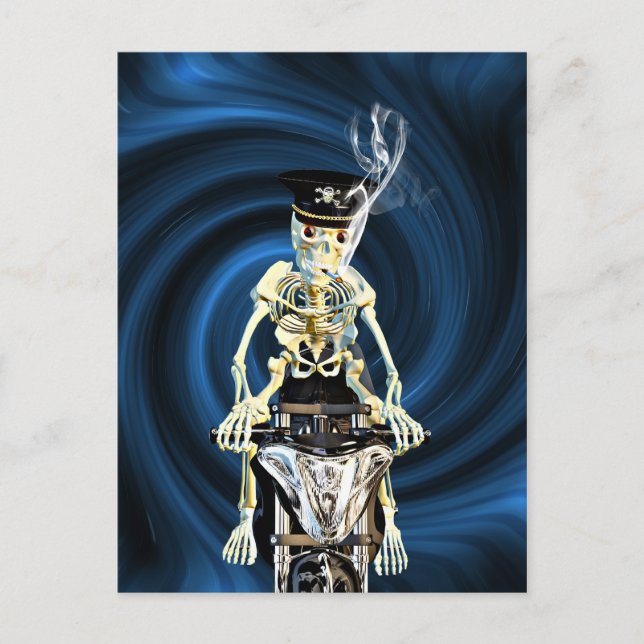Skeleton biker smoking a cigarette postcard (Front)