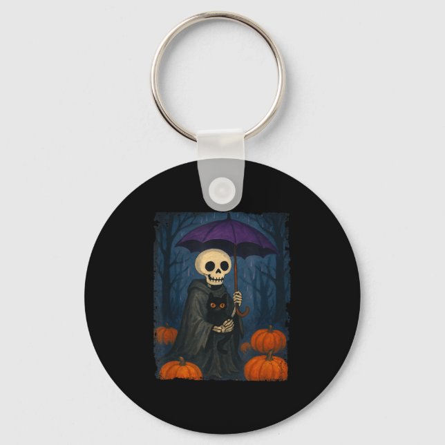 Skeleton Black Cat Purple Umbrella Pumpkin Hallowe Keychain (Front)