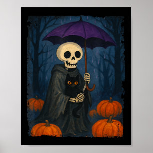 Skeleton Black Cat Purple Umbrella Pumpkin Hallowe Poster