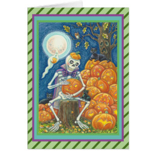 SKELETON, BLACK CATS CARVING PUMPKIN GREETING CARD