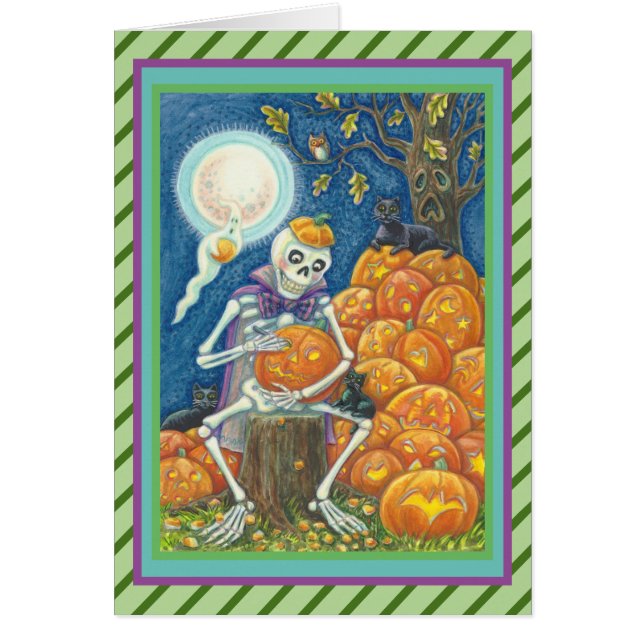 SKELETON, BLACK CATS CARVING PUMPKIN GREETING CARD (Front)
