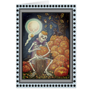 SKELETON, BLACK CATS CARVING PUMPKIN GREETING CARD