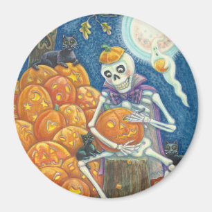 SKELETON, BLACK CATS CARVING PUMPKINS MAGNET Round