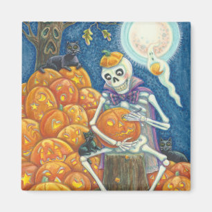 SKELETON, BLACK CATS CARVING PUMPKINS MAGNET Squar