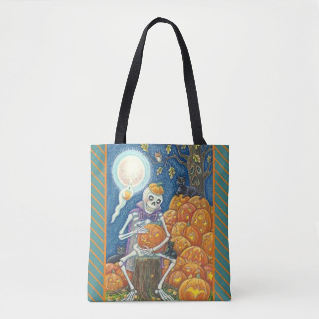 SKELETON, BLACK CATS, JACKS SHOULDER TOTE BAG (Front)