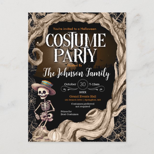 Skeleton Black Halloween Costume Party Invitation  (Front)