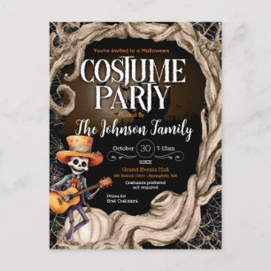 Skeleton Black Halloween Costume Party Invitation  Postcard