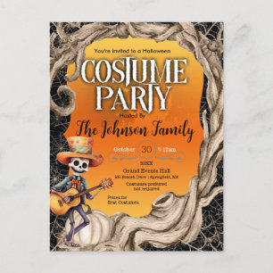 Skeleton Black Halloween Costume Party Invitation  Postcard
