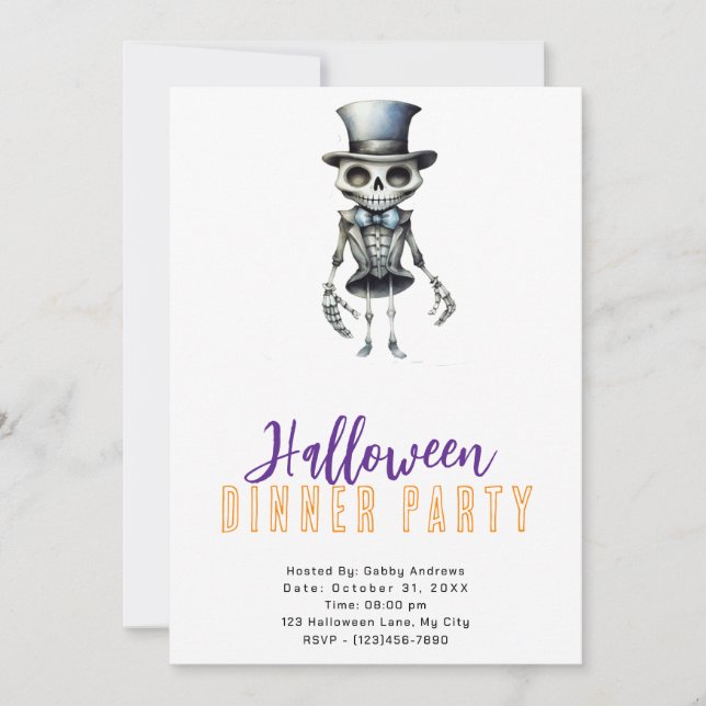 Skeleton Bow Tie Top Hat Halloween Dinner Party Invitation (Front)