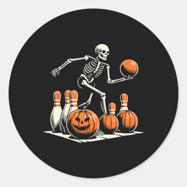 Skeleton Bowling Player Funny Bowler Halloween  Classic Round Sticker (Front)