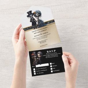 Skeleton bridal couple gold black elegant goth all in one invitation