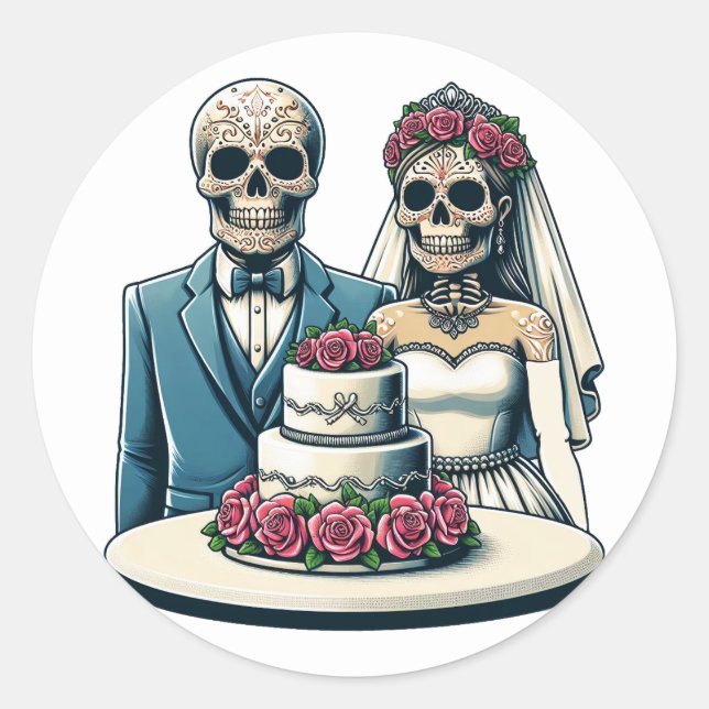 Skeleton Bride And Groom Wedding day of dead Art  Classic Round Sticker (Front)