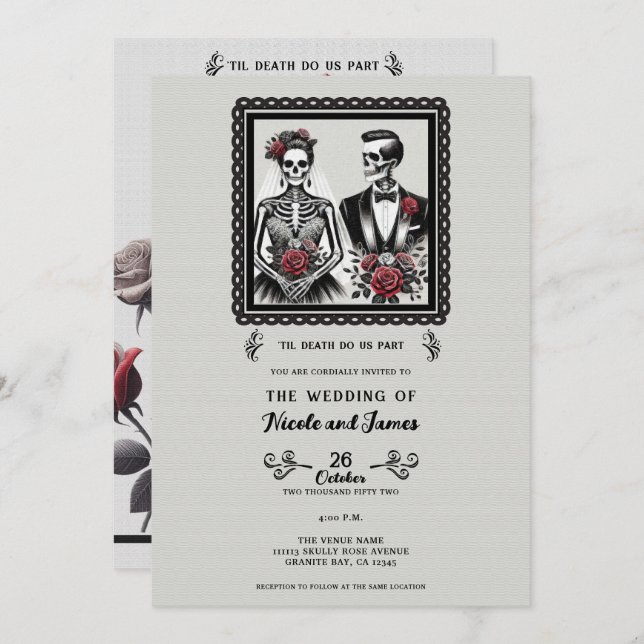 Skeleton Bride & Groom Couple Grey Floral Wedding  Invitation (Front/Back)