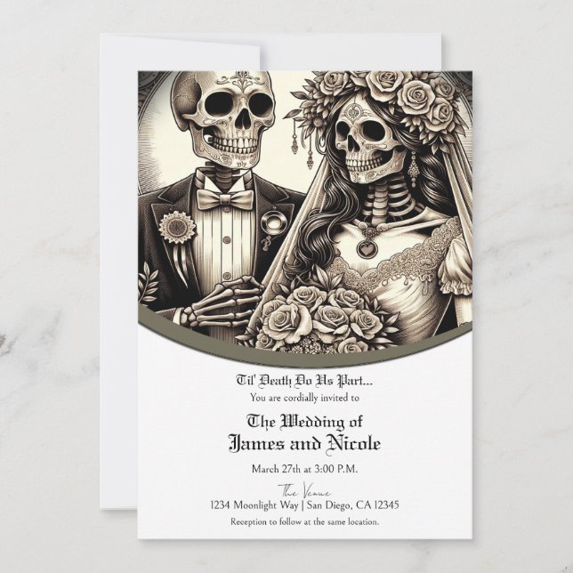 Skeleton Bride & Groom White Tan Wedding Invitation (Front)