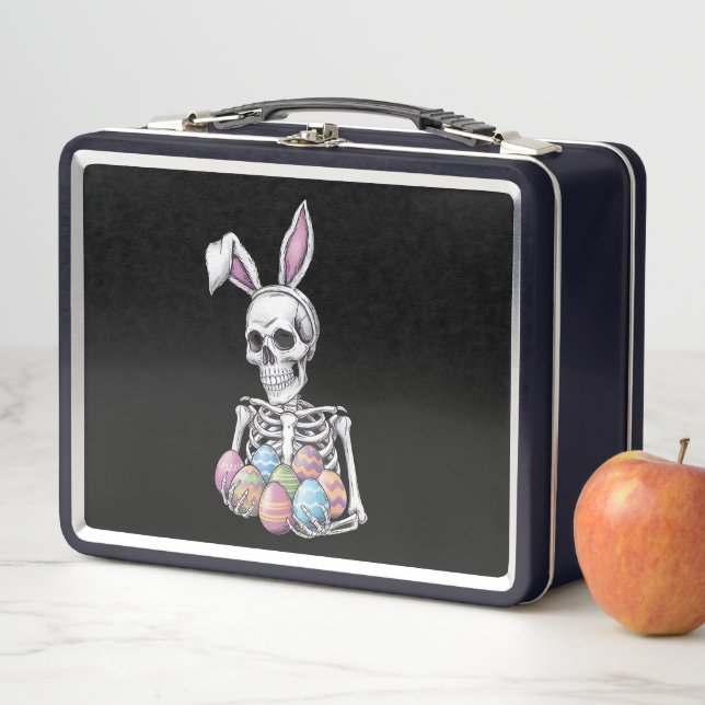 Skeleton Bunny Holding Easter Eggs Funny Rabbit Metal Lunch Box (In Situ)