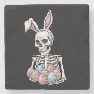 Skeleton Bunny Holding Easter Eggs Funny Rabbit Stone Coaster