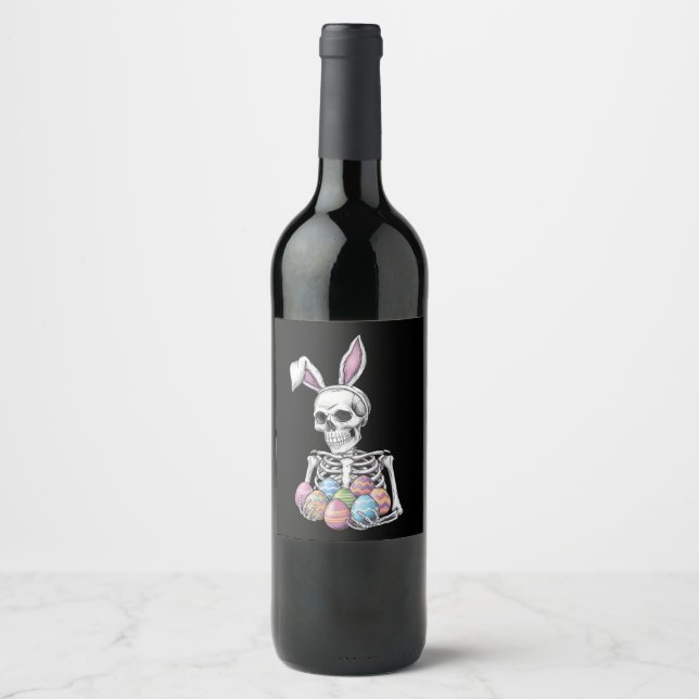 Skeleton Bunny Holding Easter Eggs Funny Rabbit Wine Label (Front)