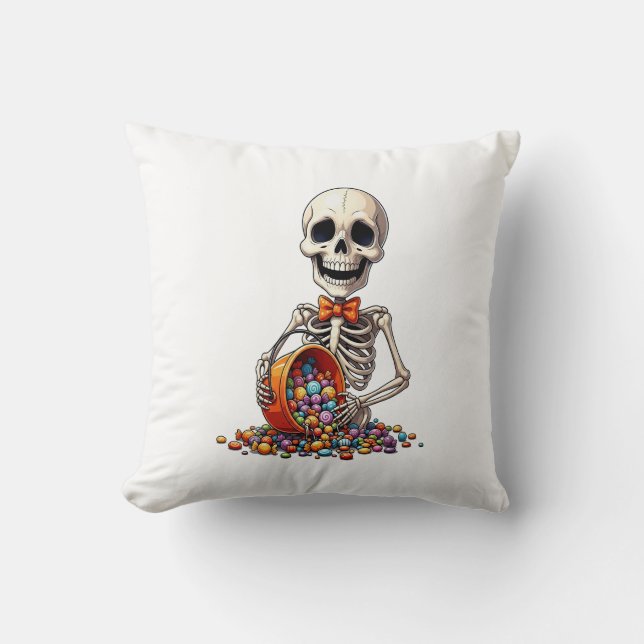 Skeleton Candy Bowl Halloween Throw Pillow (Front)