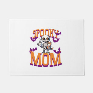 Skeleton Cat and coffee spooky mom for halloween Doormat