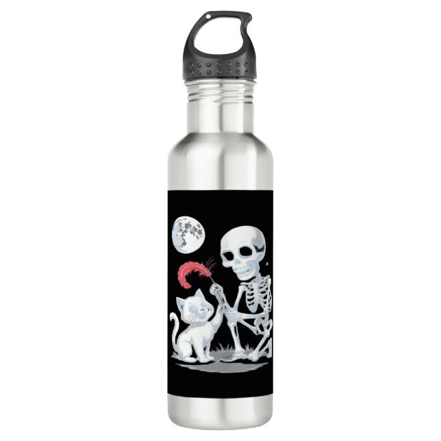 Skeleton Cat Halloween Funny Cute Spooky Essential 710 Ml Water Bottle (Front)