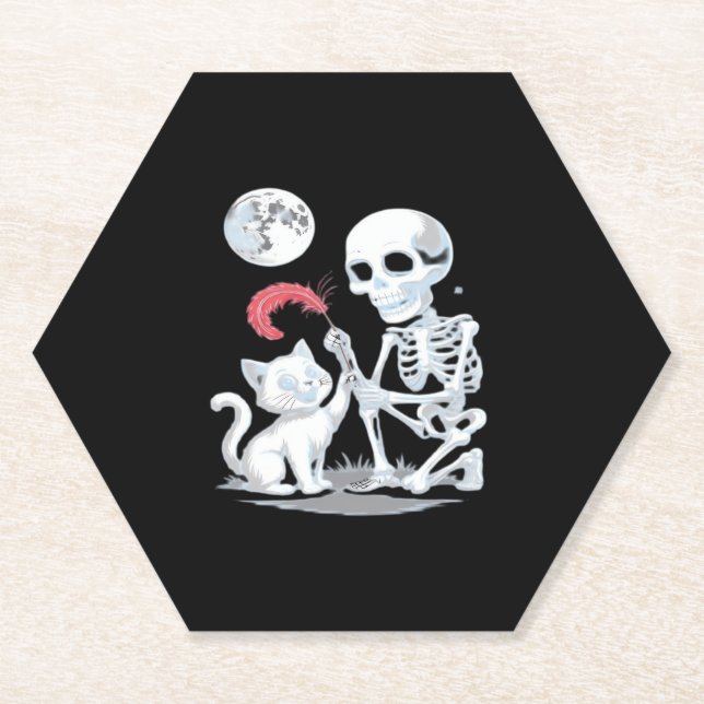Skeleton Cat Halloween Funny Cute Spooky Essential Paper Coaster (Front)