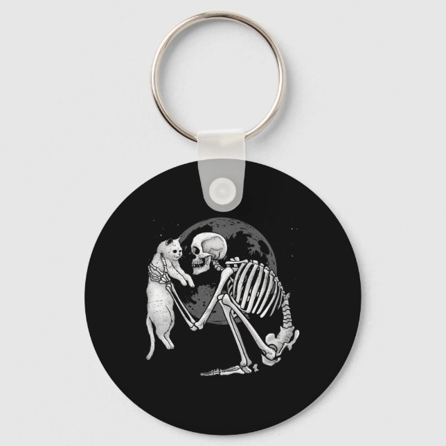 Skeleton Cat Skull Kitty Cute Ghost Halloween Men  Keychain (Front)