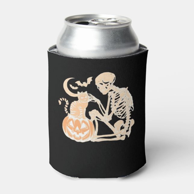 Skeleton Cat Skull kitty Cute Halloween Design Cla Can Cooler (Can Front)