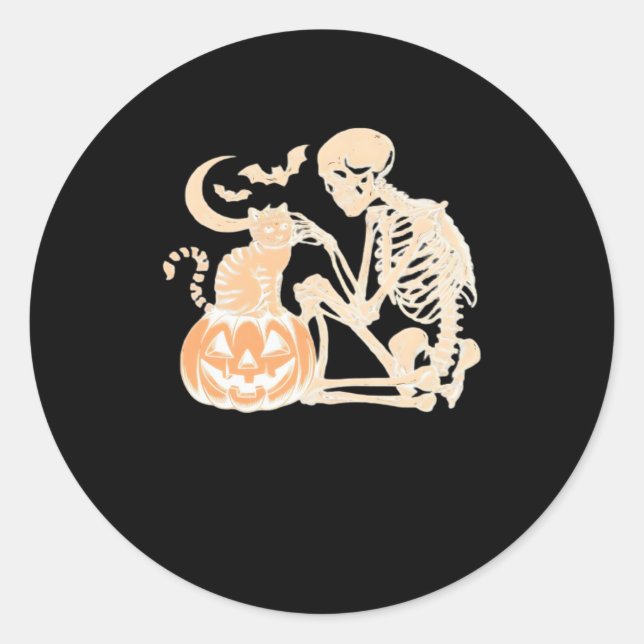 Skeleton Cat Skull kitty Cute Halloween Design Cla Classic Round Sticker (Front)