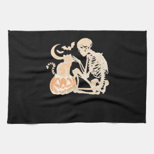 Skeleton Cat Skull kitty Cute Halloween Design Cla Kitchen Towel