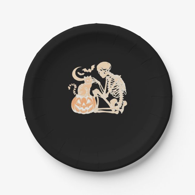 Skeleton Cat Skull kitty Cute Halloween Design Cla Paper Plate (Front)