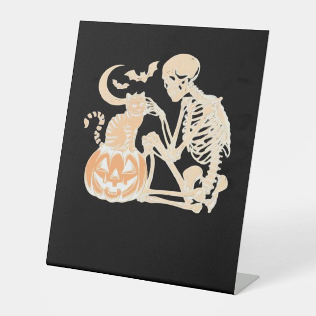Skeleton Cat Skull kitty Cute Halloween Design Cla Pedestal Sign (Front)