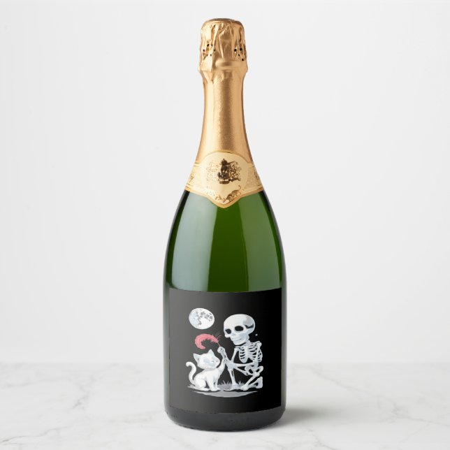 Skeleton Cat Skull kitty Cute Halloween Design Cla Sparkling Wine Label (Front)