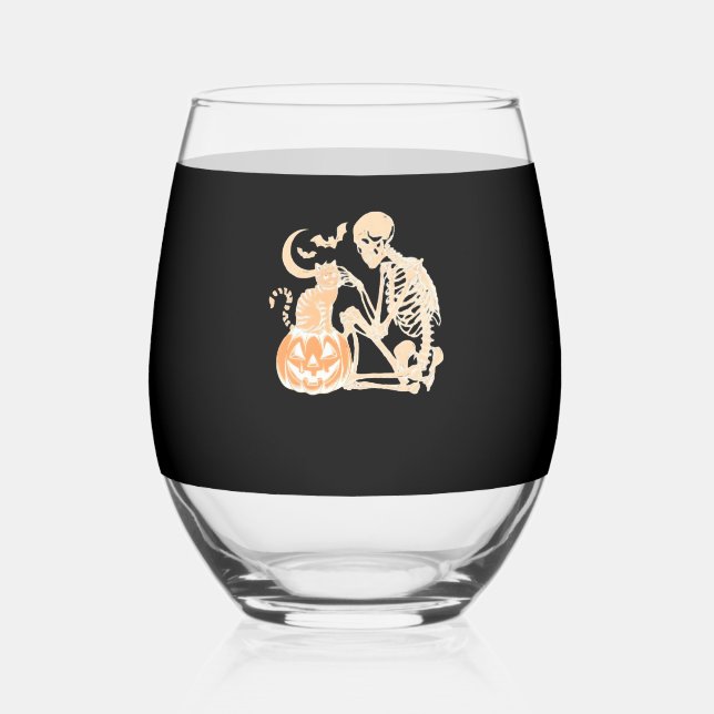 Skeleton Cat Skull kitty Cute Halloween Design Cla Stemless Wine Glass (Front)