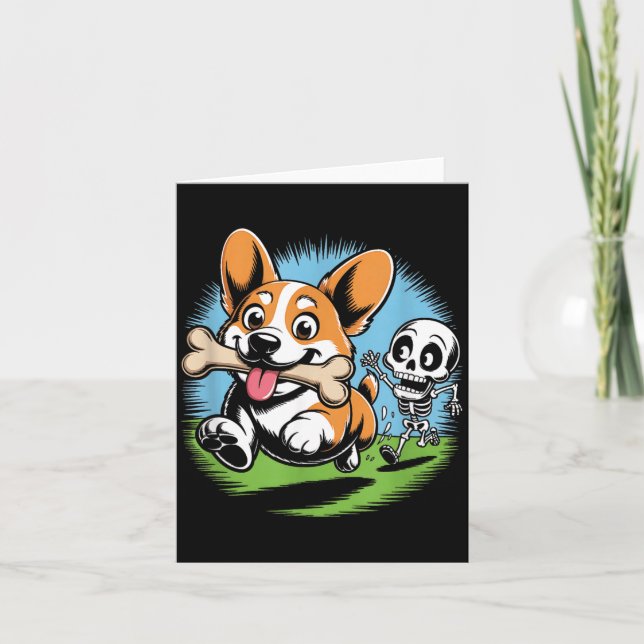 Skeleton Chasing Corgi Halloween Dog Lover Card (Front)