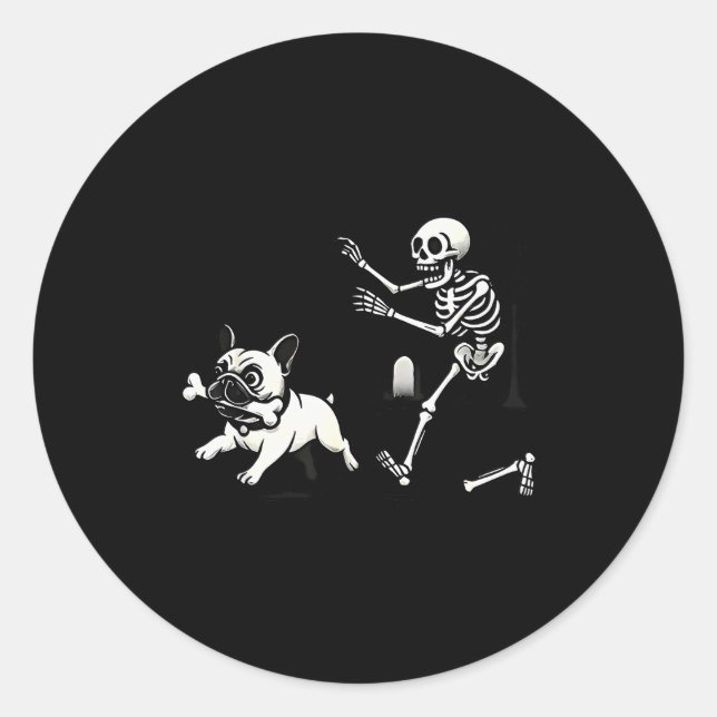 Skeleton Chasing French Bulldog Biting Leg Bone Ha Classic Round Sticker (Front)