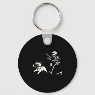 Skeleton Chasing French Bulldog Biting Leg Bone Ha Keychain
