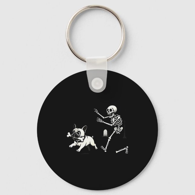 Skeleton Chasing French Bulldog Biting Leg Bone Ha Keychain (Front)