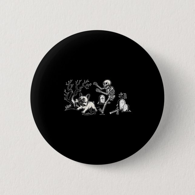 Skeleton Chasing French Bulldog Halloween Dog Mom  2 Inch Round Button (Front)